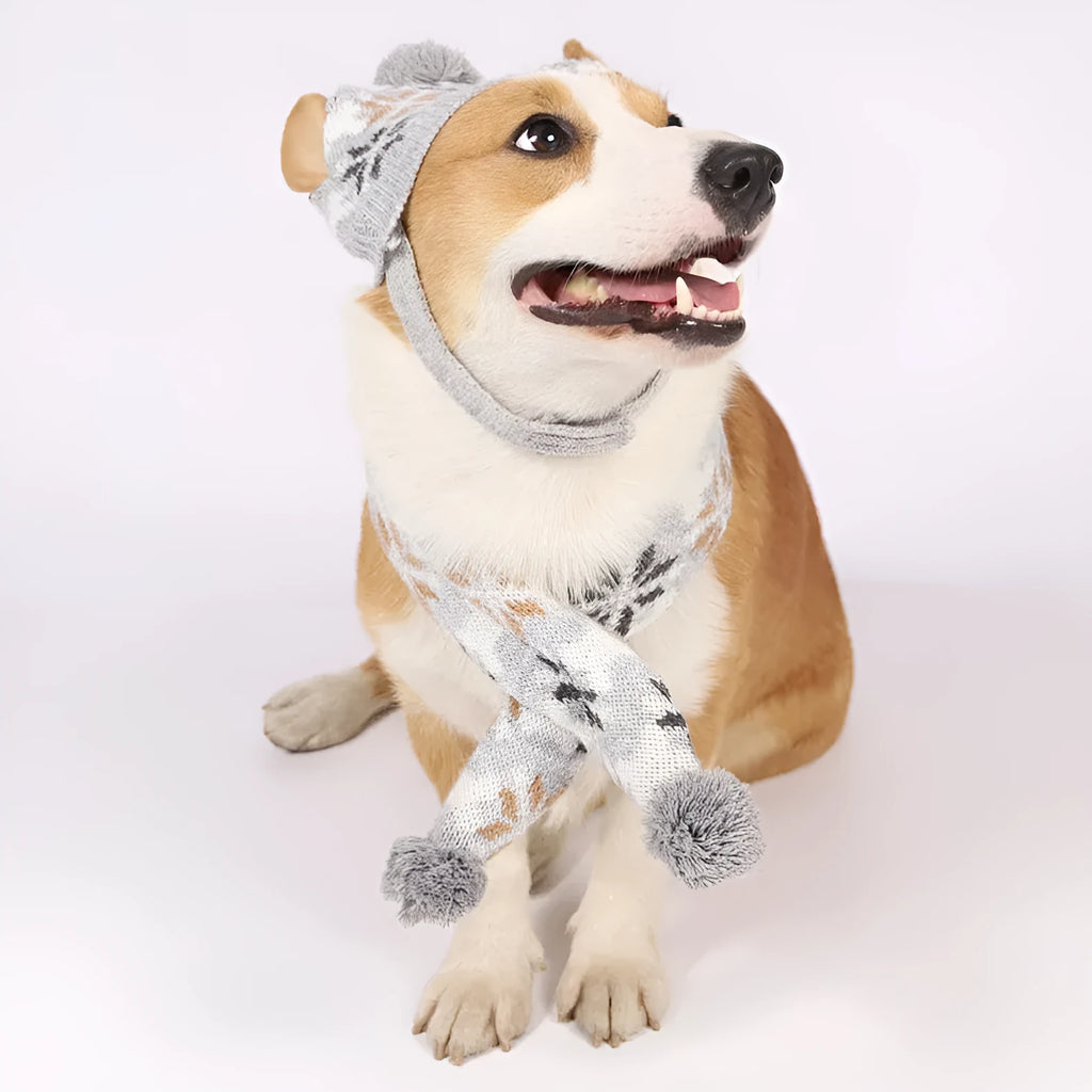 Grey and pink Japanese-style retro jacquard knit sweater, hat, and scarf sets for small dogs and cats.