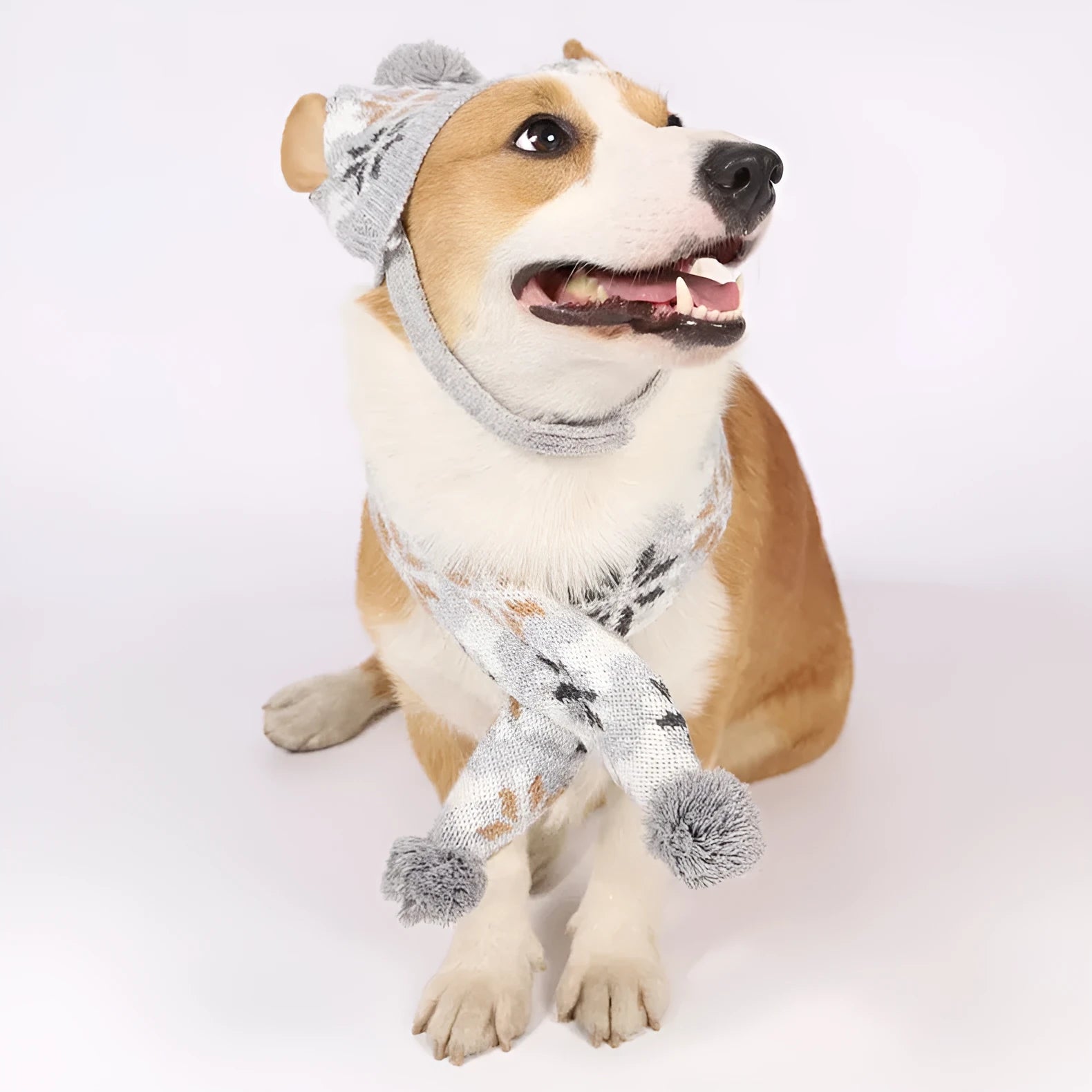 Grey and pink Japanese-style retro jacquard knit sweater, hat, and scarf sets for small dogs and cats.