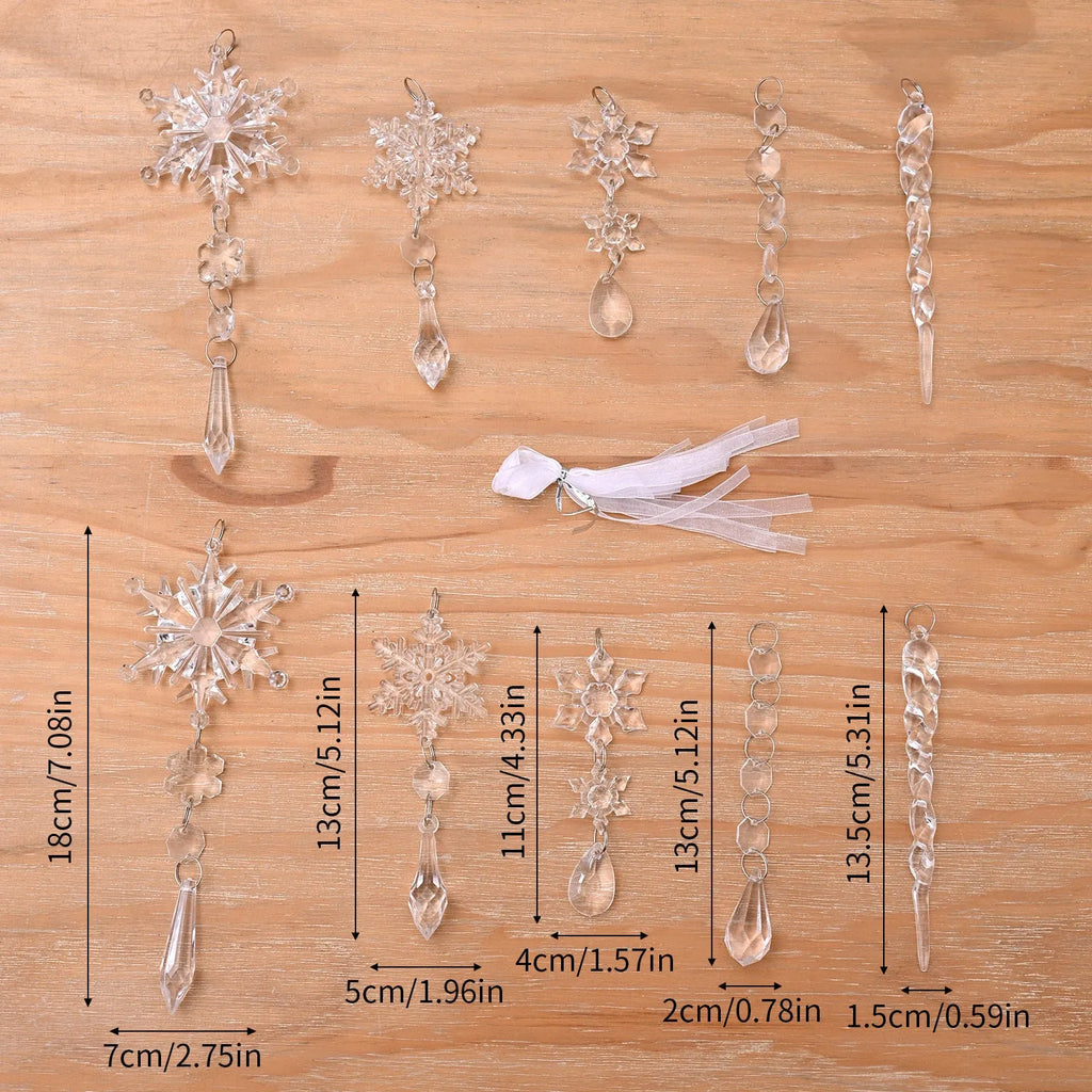 10 clear acrylic ice cone Christmas tree hanging ornaments with white ribbons