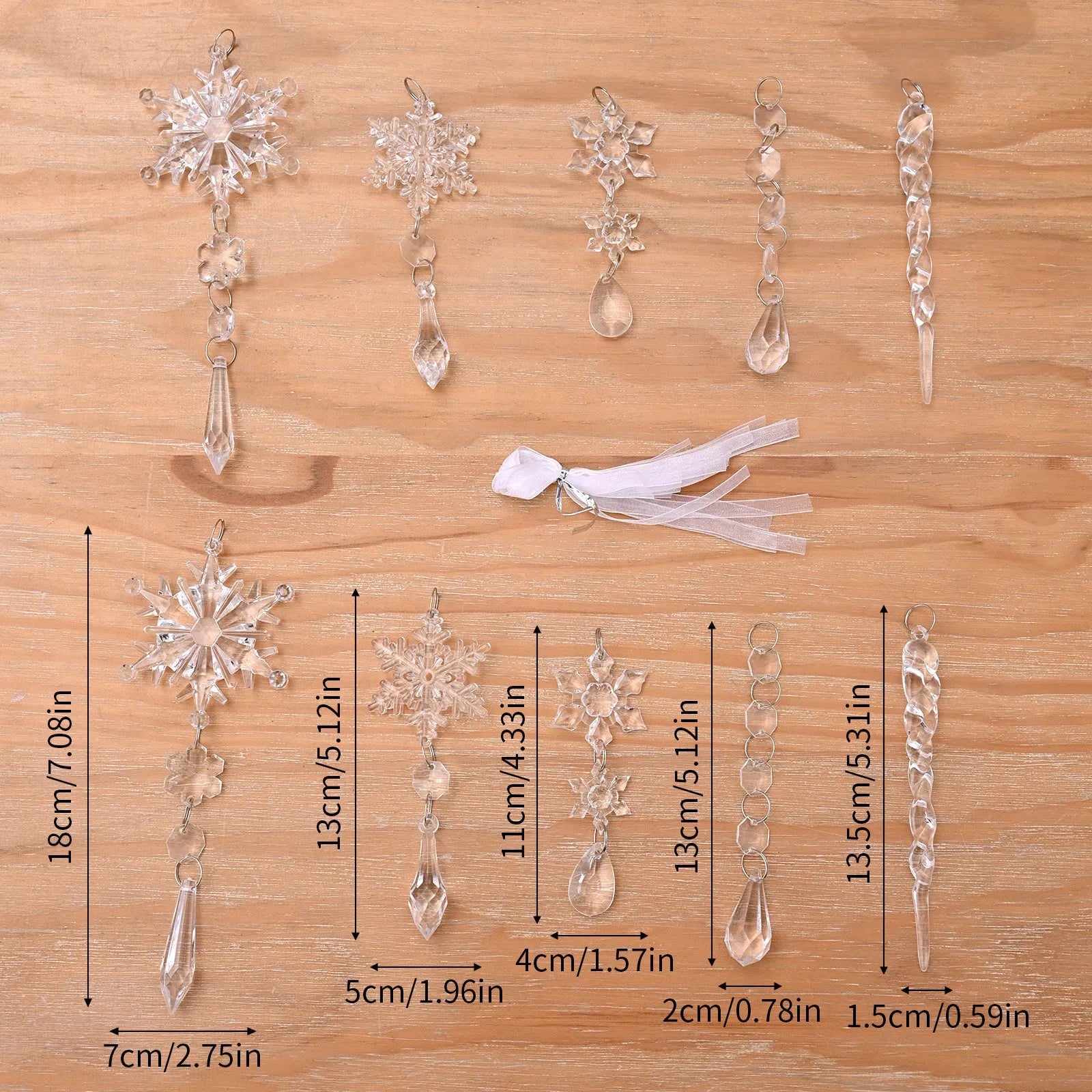 10 clear acrylic ice cone Christmas tree hanging ornaments with white ribbons