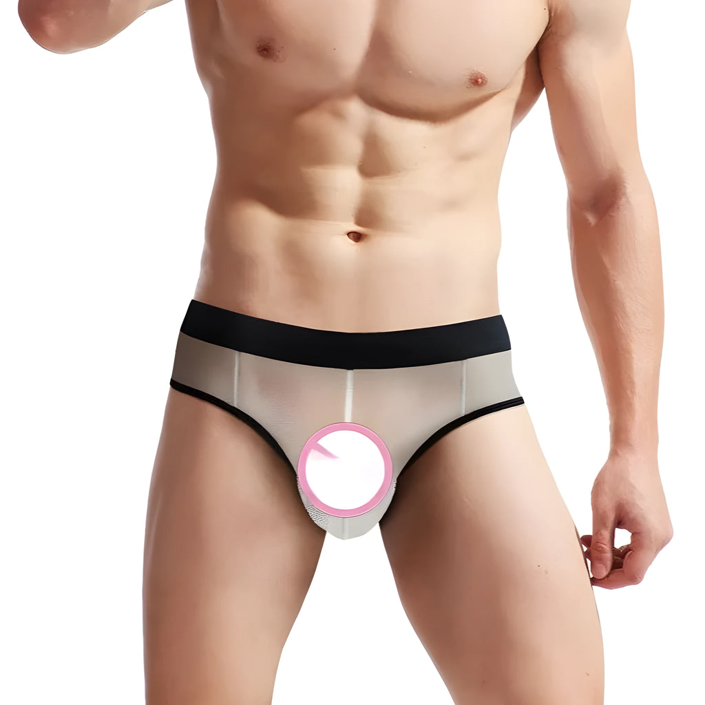 Men's mesh back triangle shorts in black or skin colour, nylon free size with elastic waist stretching 35cm to 55cm