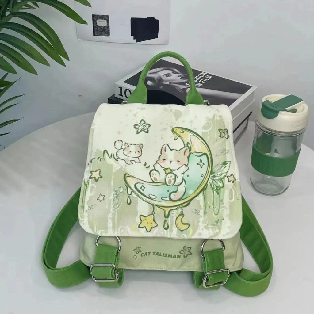 Mint green backpack with spliced design, polyester fabric, and sandwich pockets on neutral background.