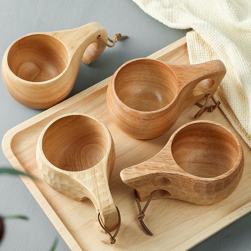 Wooden Breakfast Cup Large Capacity Milk Coffee Mug – Premium Oak Wood Tea Beer Cup with Hanging Rope