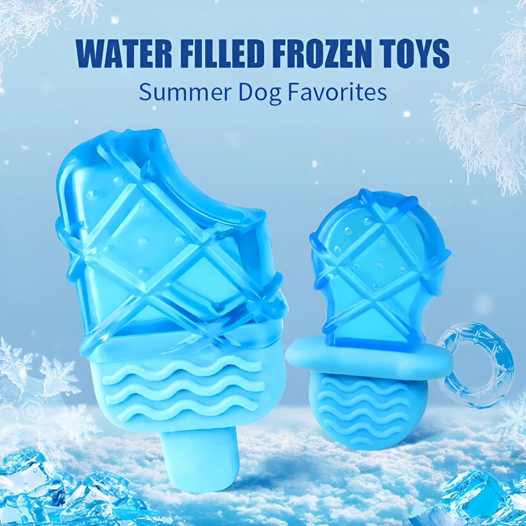 Set of four water-filled dog cooling toys in pacifier, popsicle, and ring shapes on a blue background.