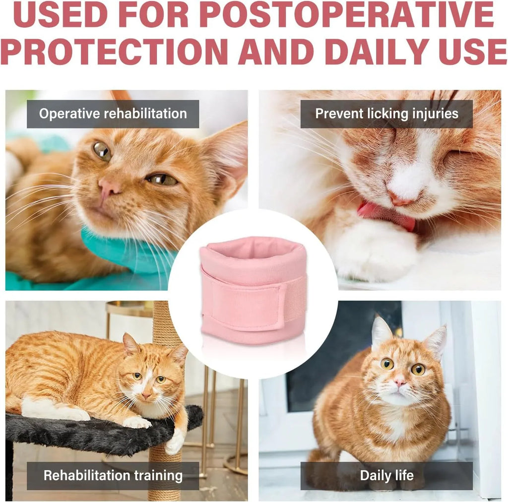 Grey and pink soft fabric recovery cone collars for cats and dogs in four different sizes.