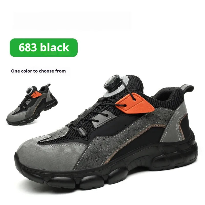 Men's black microfiber work shoes with rotating button closure and EVA sole, sizes 37 to 48