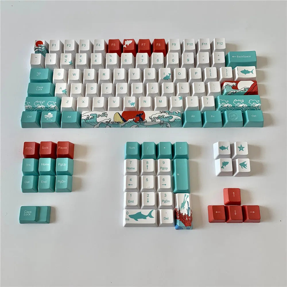 Coral Sea themed PBT dye-sublimation keycap set for mechanical keyboards, includes large custom keys.