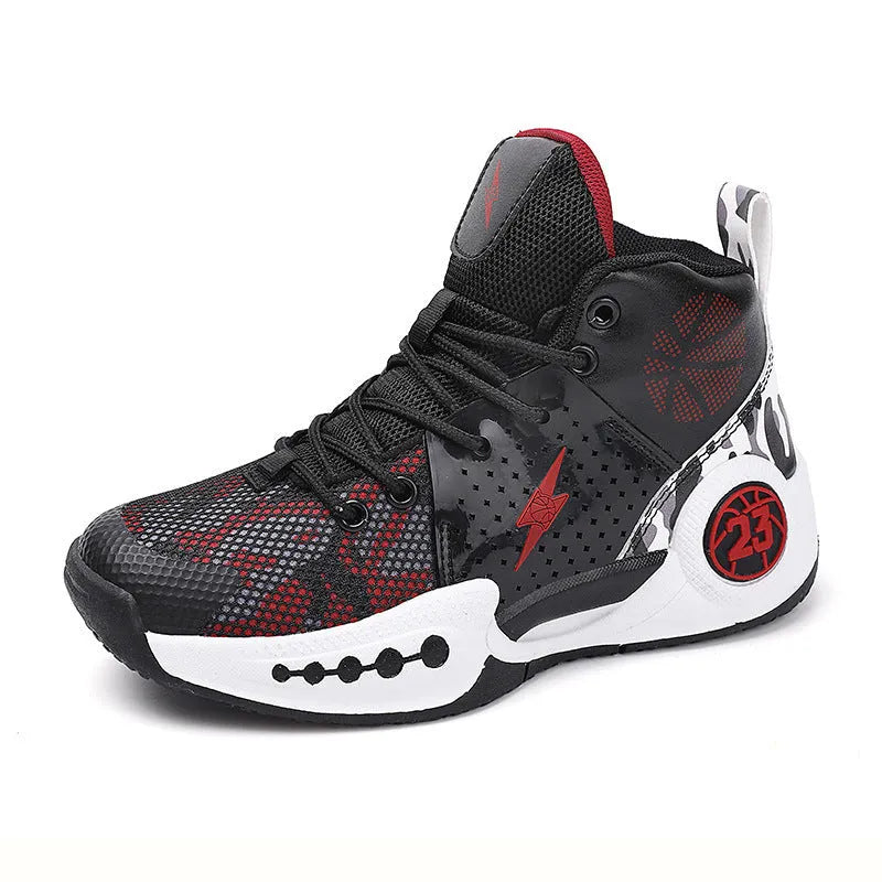 Children's mesh basketball shoes with non-slip rubber sole and lace-up closure in 8809 black red white