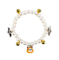 Halloween cat collar with simulated pearls and a choice of purple ghost, skull, or smiling pumpkin print.