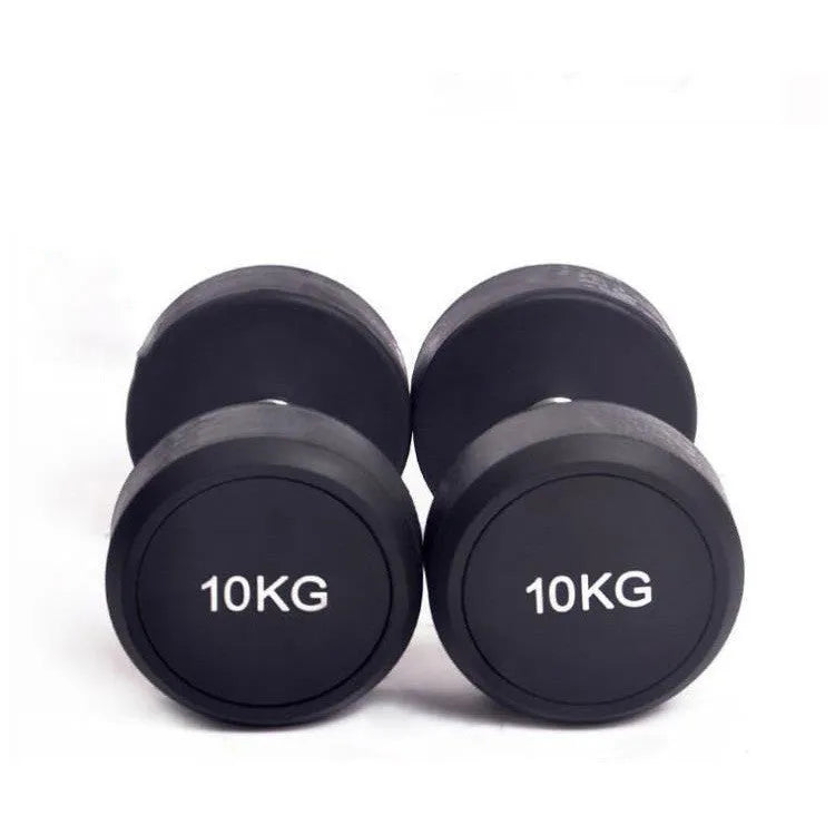 Black cast iron rubberized round head fitness dumbbell, single weight available in 1kg, 2.5kg and 5kg