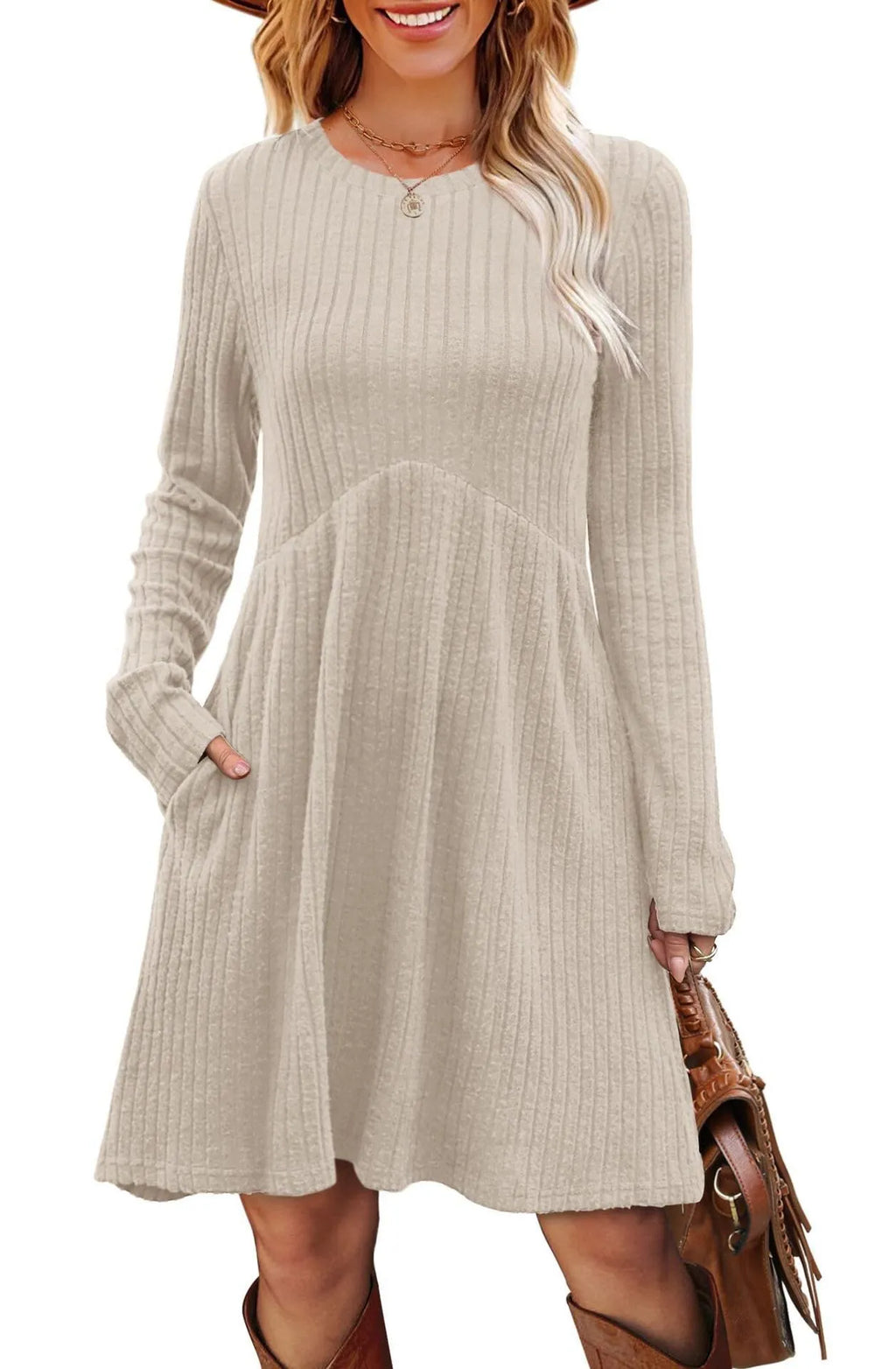 Women's bohemian brushed sunken stripe princess dress with wide waist in solid colour, mid skirt length, sizes S-XXL.
