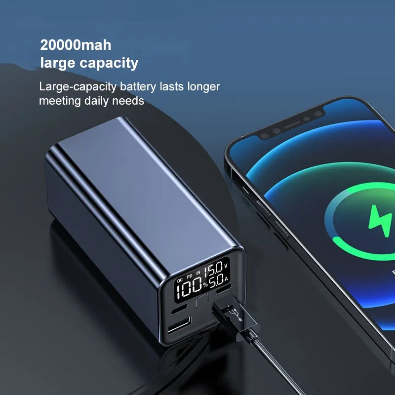 Black high-power 65W laptop charging bank with USB-C port, showing dimensions of 47.5x104.5x47.5mm.