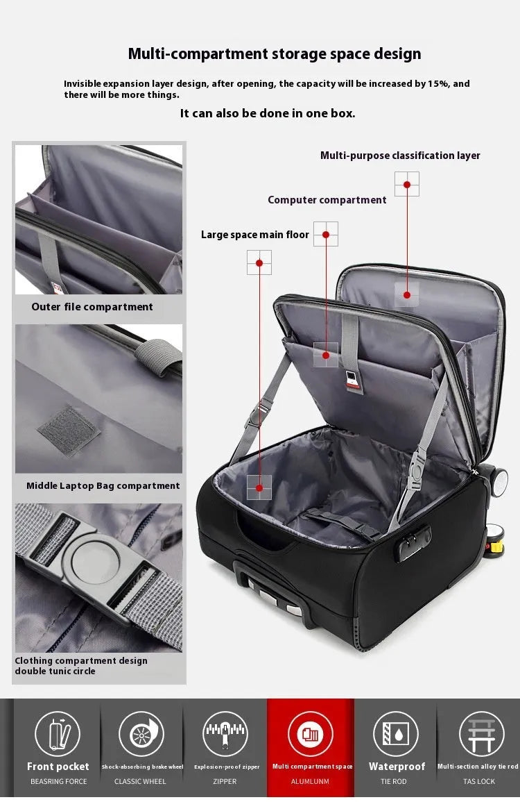 Black 18-inch Oxford cloth carry-on suitcase with retractable handle and four universal wheels.