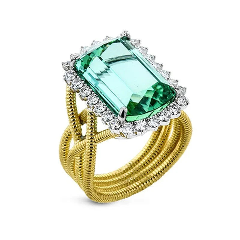 Green zircon ring with copper band and electroplated finish, shown in one of three colour styles, sizes 5 to 13