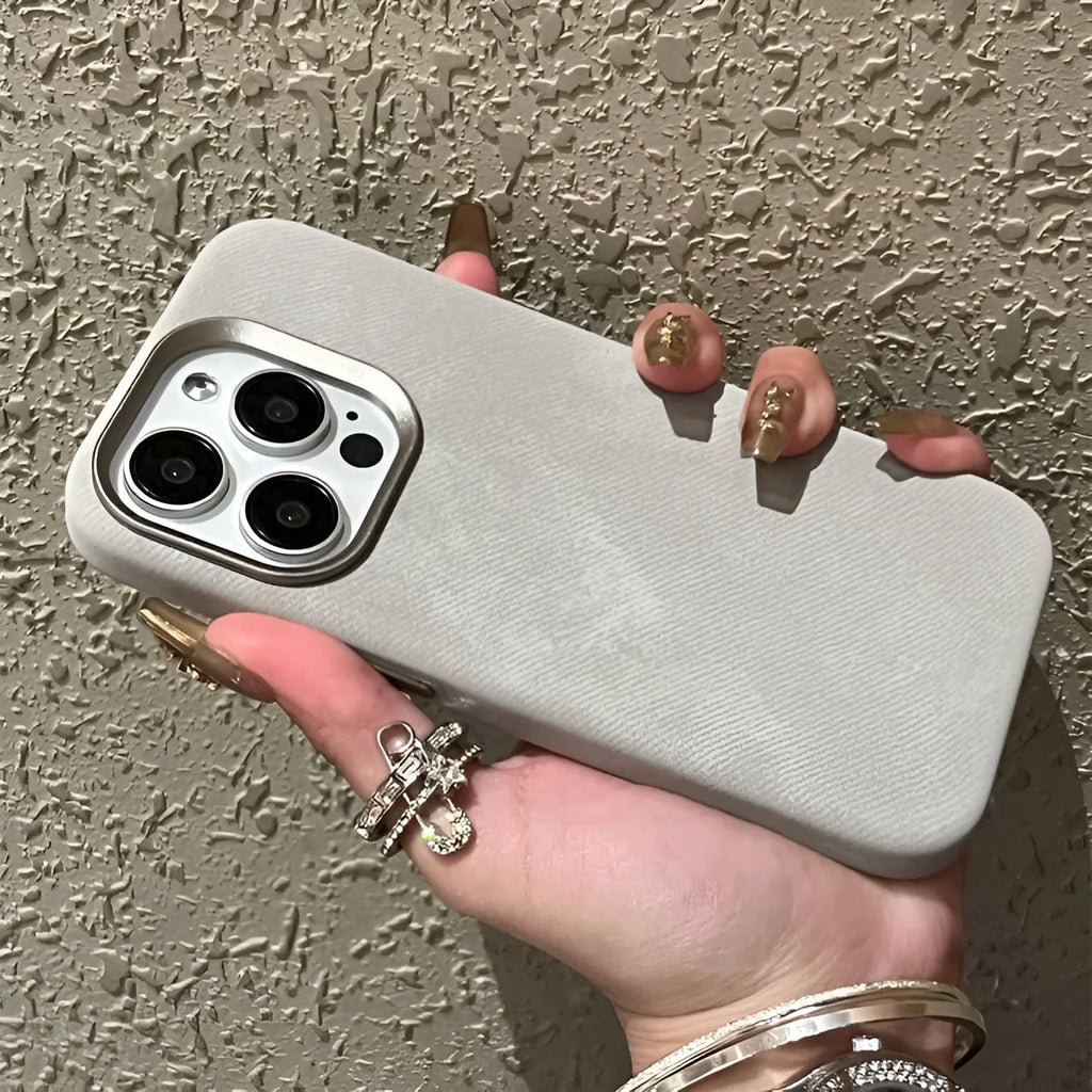 Magnetic leather drop-resistant flannel phone case for iPhone in silver grey colour showing hard case design