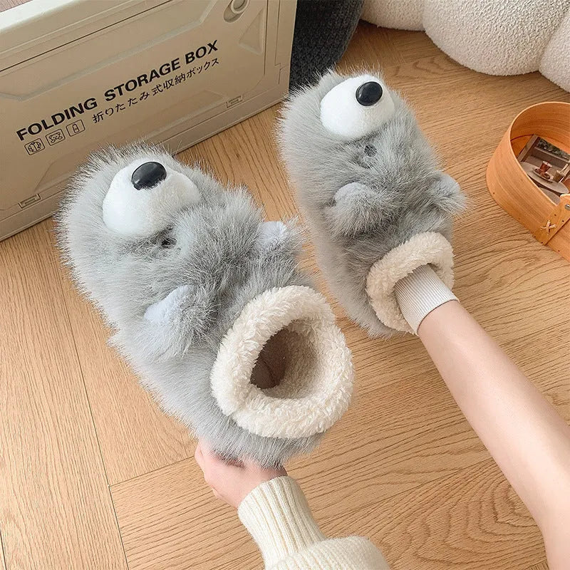 Grey and white cotton ankle wrap slippers with plush upper and non-slip sole