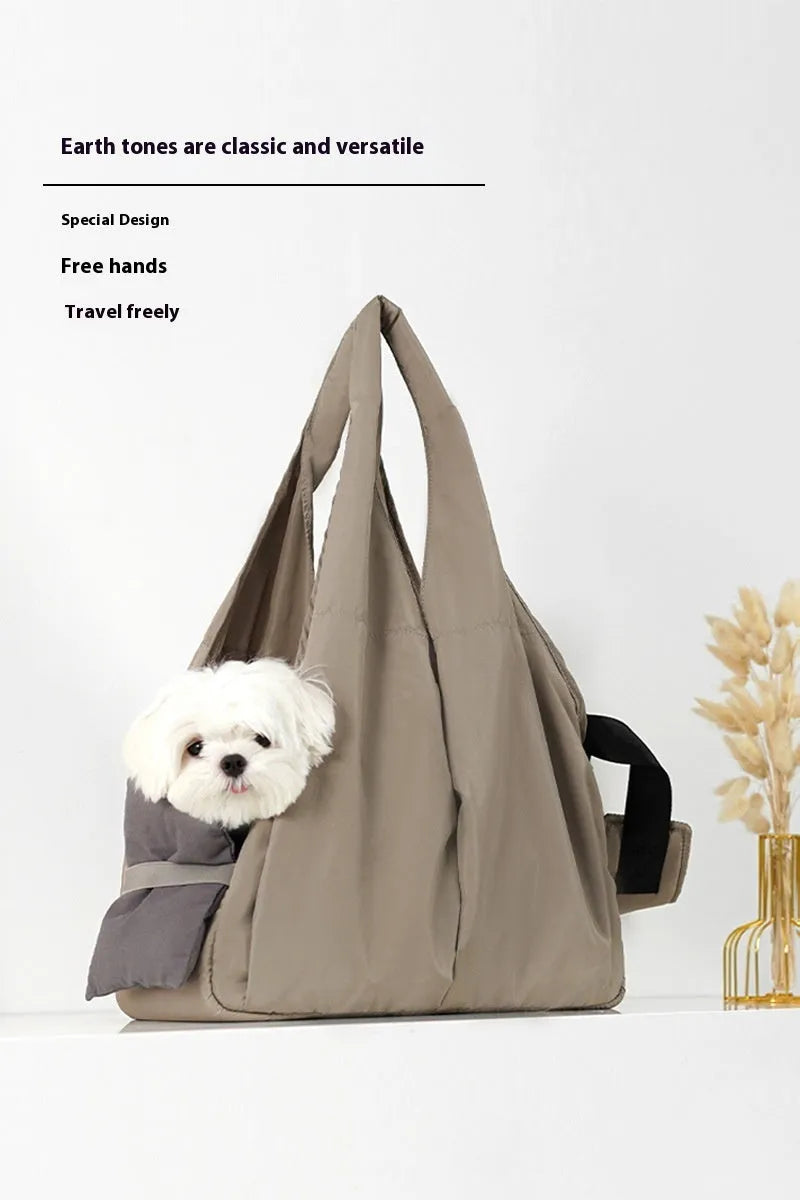 Apricot cloth pet summer handbag with adjustable strap, dimensions 41x16x28cm.