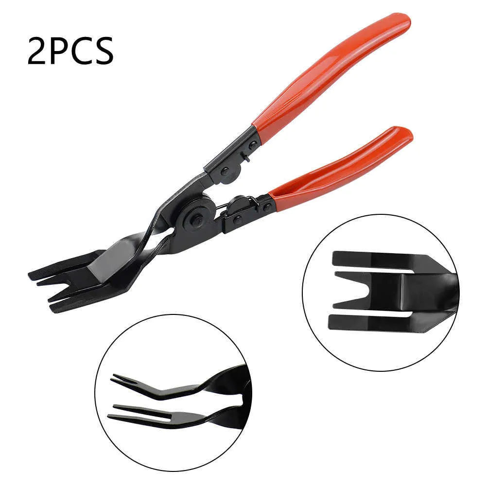 Red-handled steel automotive door panel clip driver tool for General Motors vehicles.