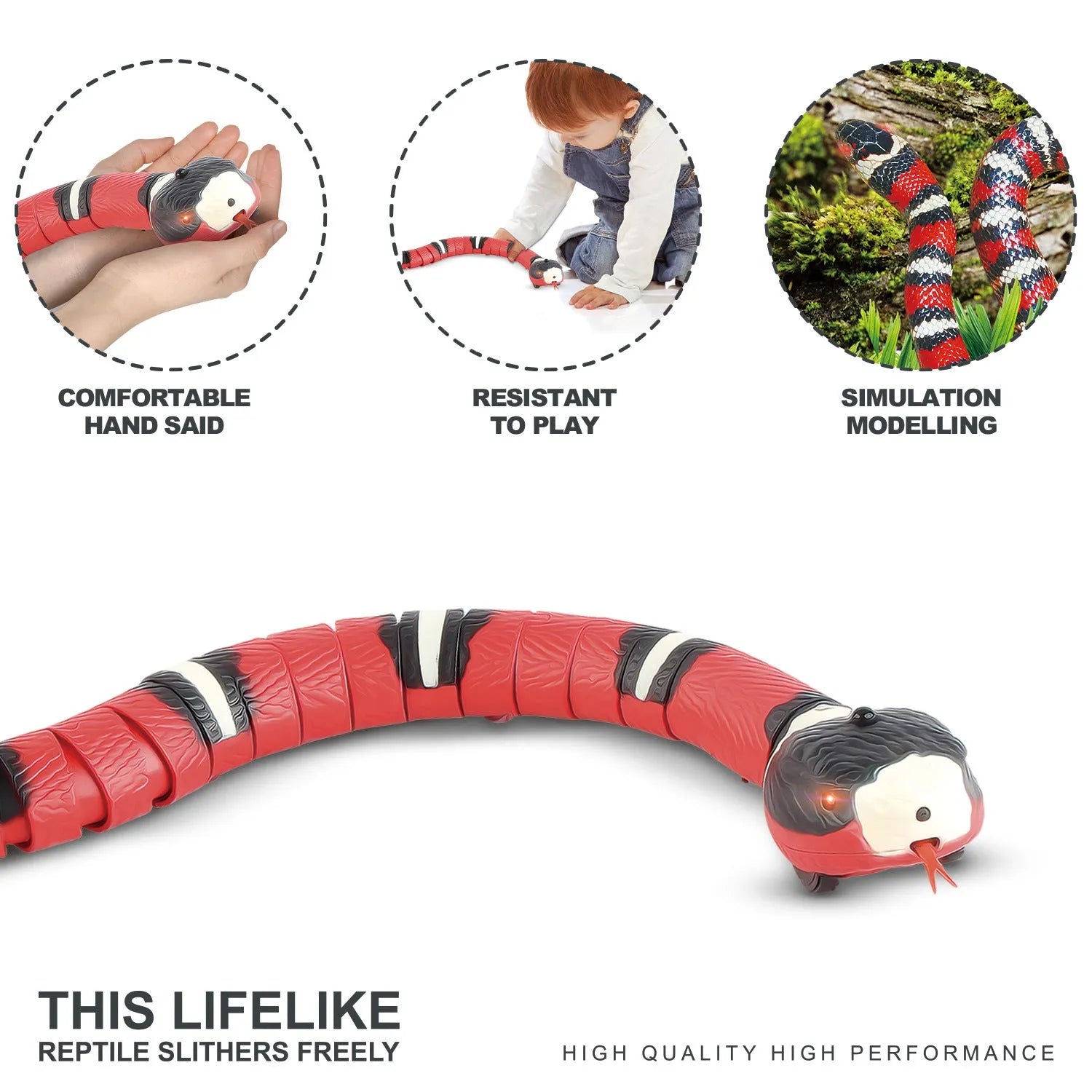 USB rechargeable automatic electronic snake toy for cats with segmented plastic body.