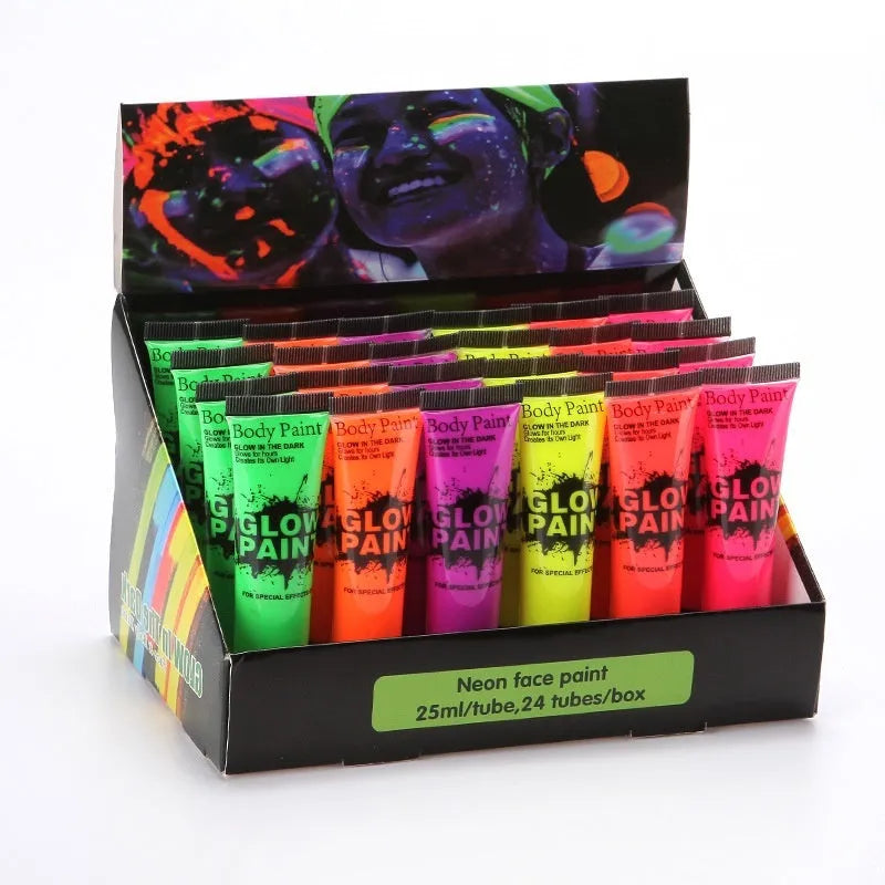 25ml squeeze tube of neon green face and body paint pigment for festivals.