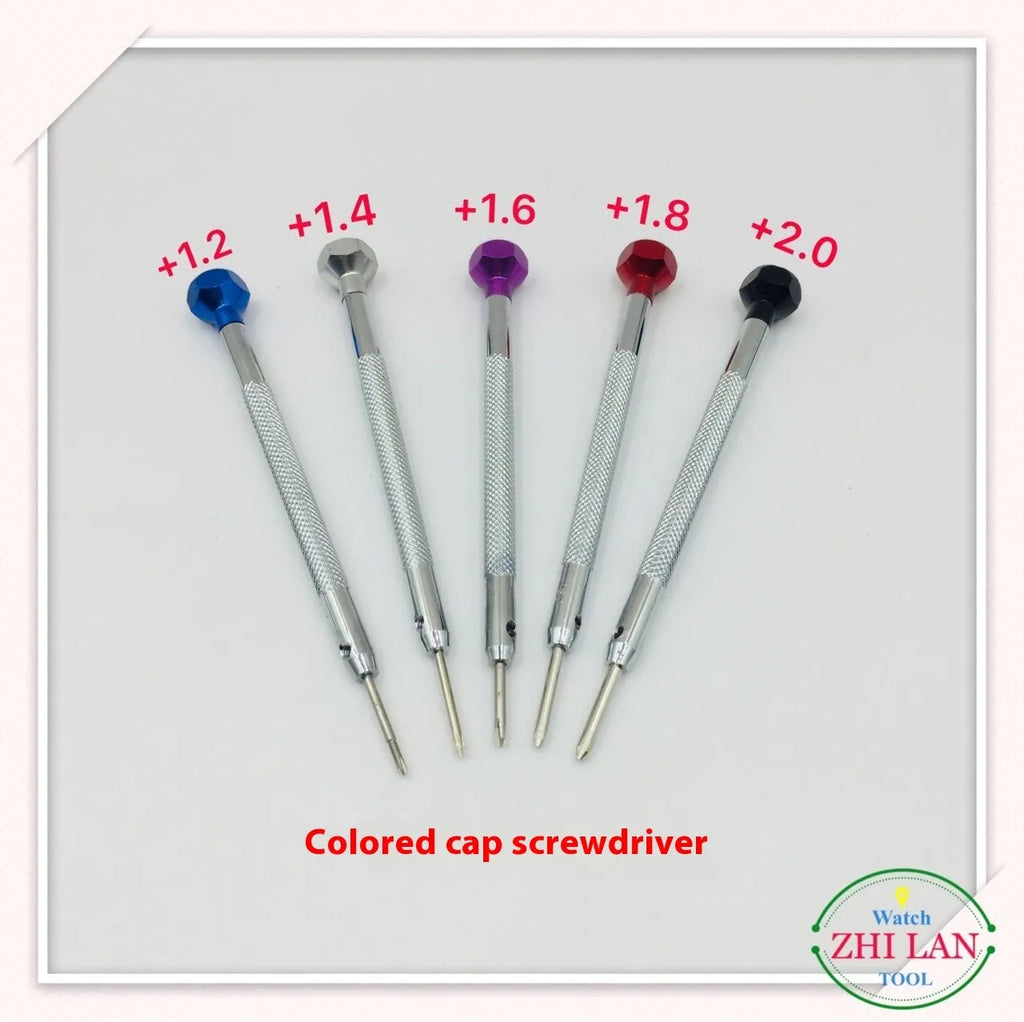6 colour-coded watch repair screwdrivers with aluminium handles and spring steel cutter heads