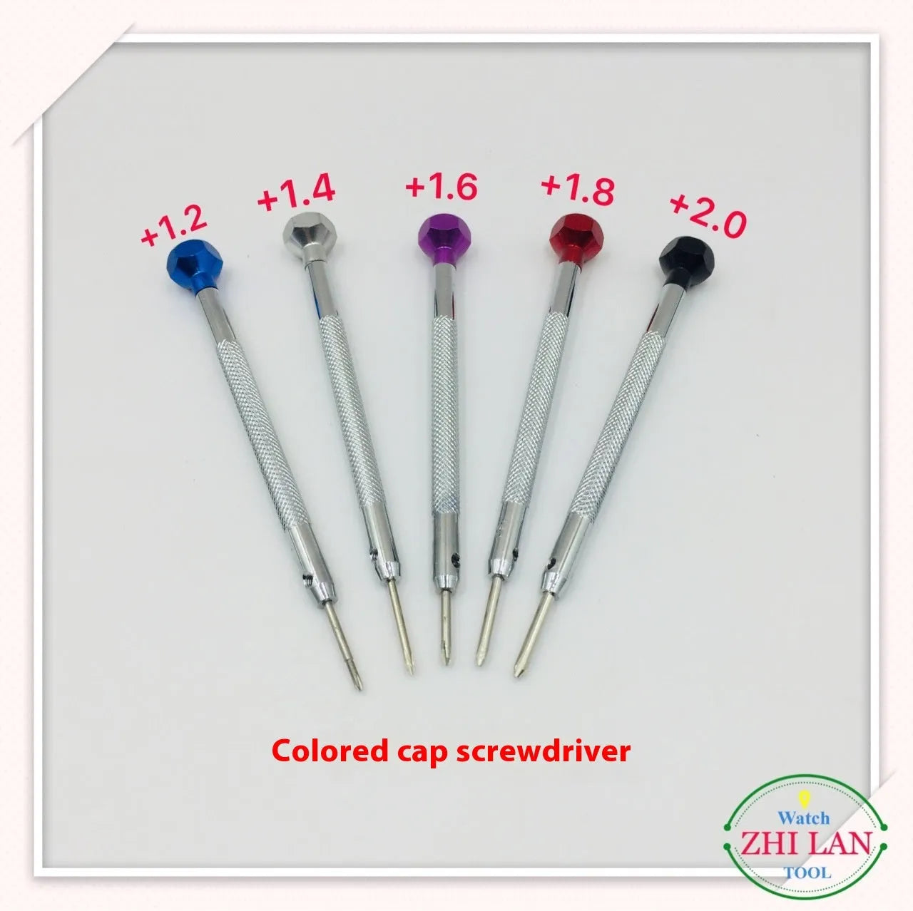 6 colour-coded watch repair screwdrivers with aluminium handles and spring steel cutter heads
