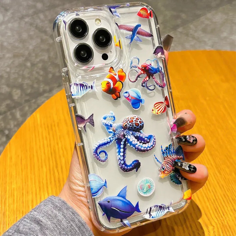 TPU transparent phone case with airbag corners and marine animal artwork for Apple iPhone