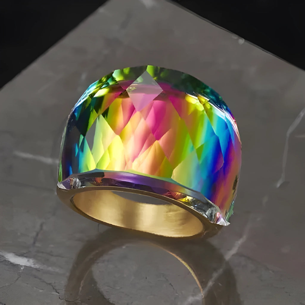 Multicoloured titanium steel diamond-cut gemstone ring with geometric band and cross, skull and heart motifs