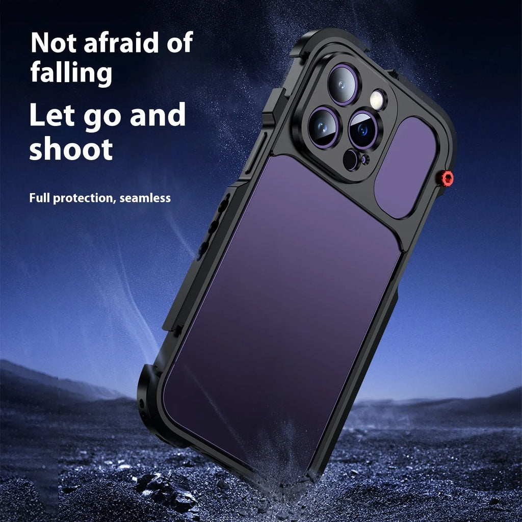 Aluminium alloy camera cage for iPhone Pro models with external filter, fill light, tripod and microphone mounts