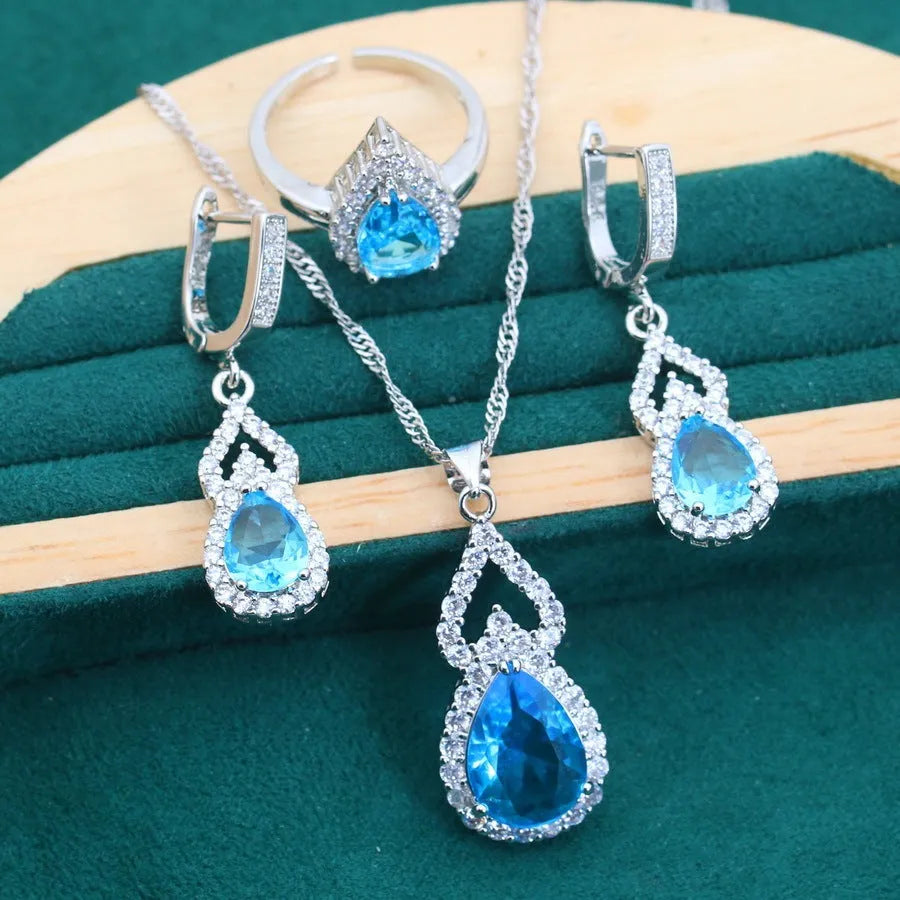 Copper inlaid zircon water drop jewellery set with earring ring necklace in electroplated finish