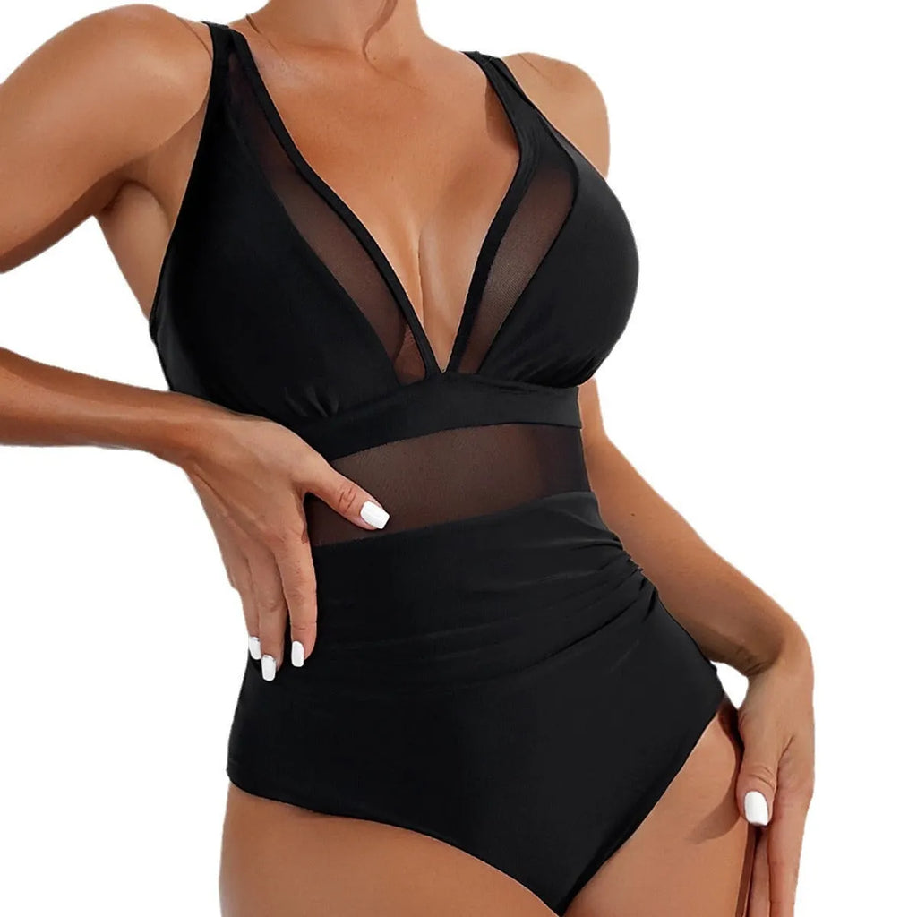 Black mesh halter one-piece swimsuit for women with briefs style and sleeveless design
