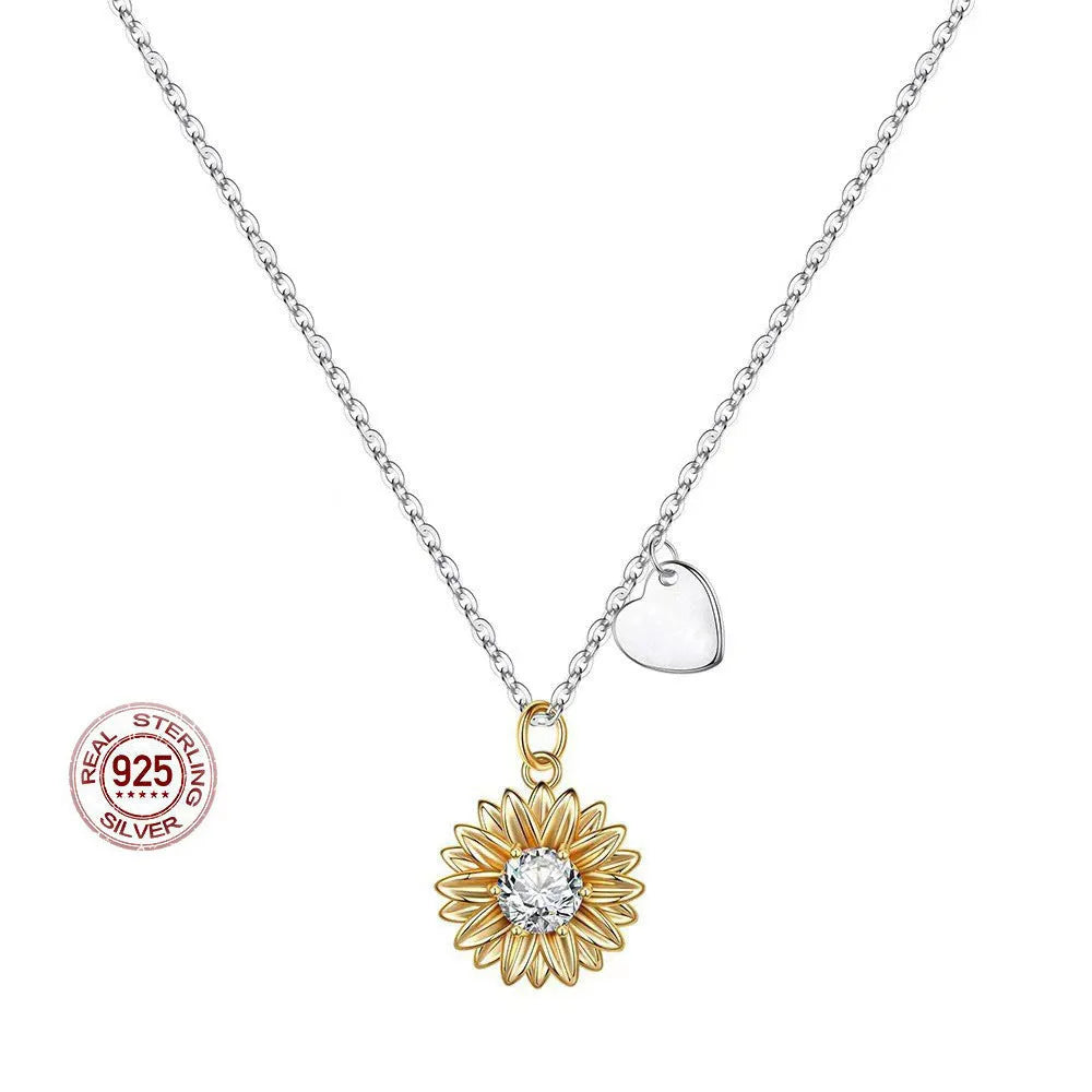 925 silver women's sunflower love necklace with daisy charms on an adjustable cross chain.