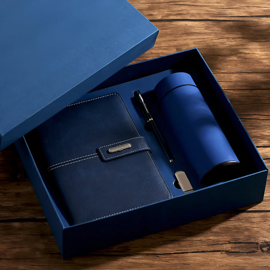 Custom A5 notebook with PU leather cover in choice of five colours and wood-free paper pages.