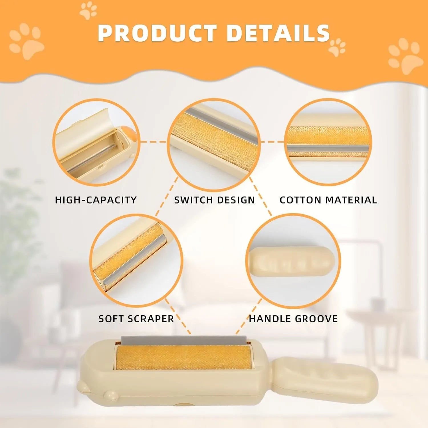 Blue pet hair remover tool with a self-cleaning base on a fabric sofa.