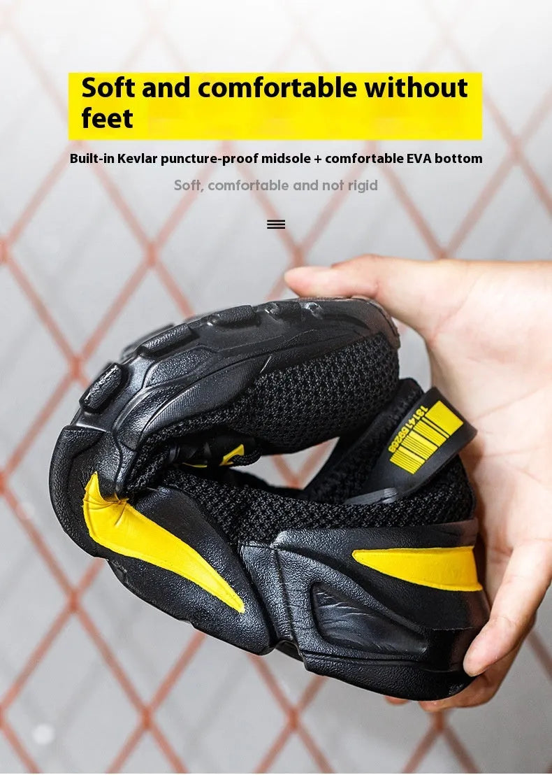 Men's low-top Flyknit work shoes with steel toe cap in black, grey, and yellow colour options.