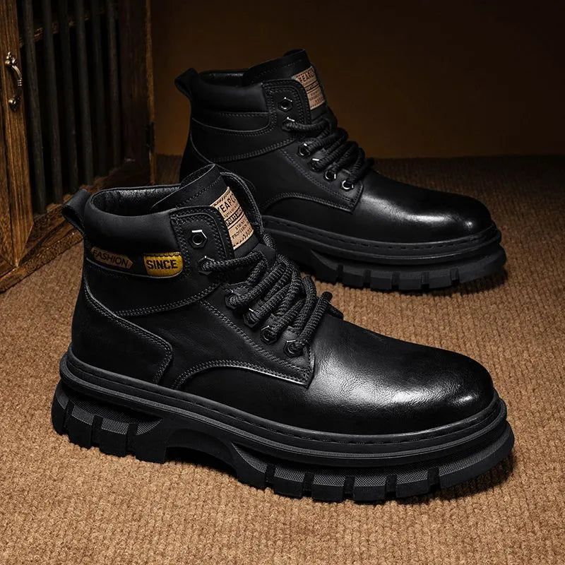 Men's brown lace-up Martin boots with round toe and rubber sole on a neutral background