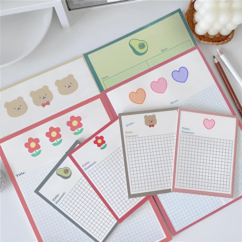 Cartoon avocado bear sticky note pad with 30 pages, shown in small and large size options.