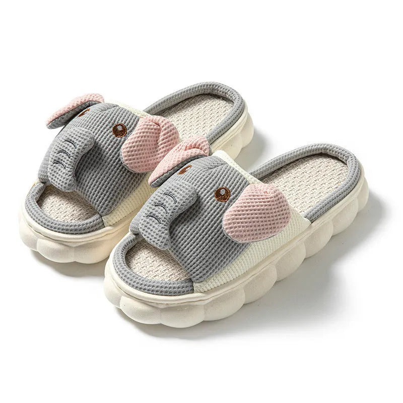 Elephant grey linen open toe slippers for couples with PVC soles on wooden floor