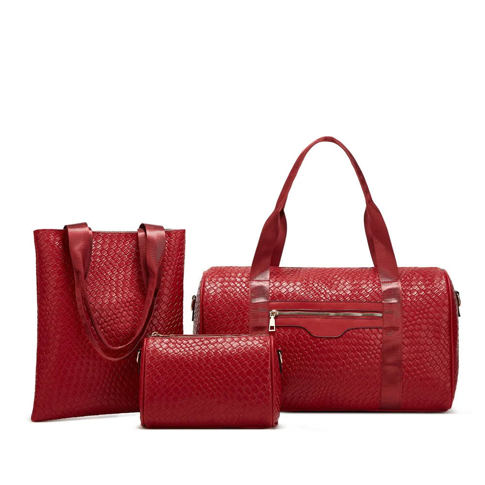 Unisex PU shoulder gym and business travel bag three-piece set, solid colour with weaving detail, 36-55L