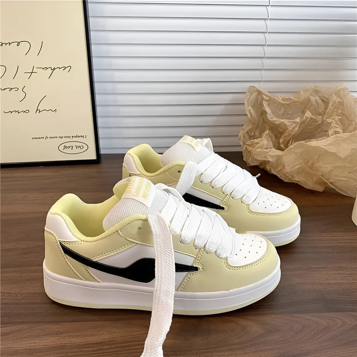 Women's low top board shoes in white yellow with mid heel 3-5cm, synthetic leather upper, rubber sole, pointed toe