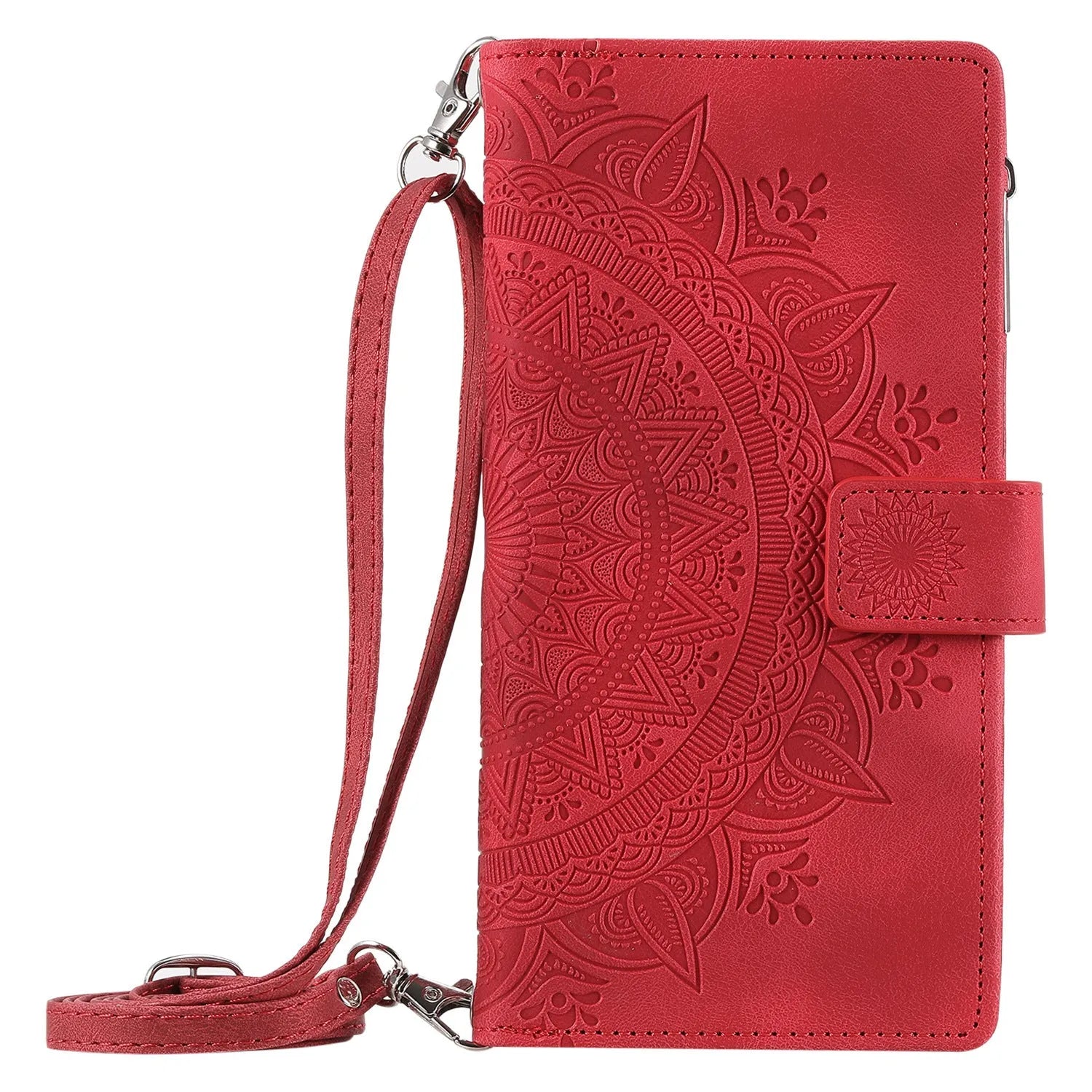 Multi-card embossed totem leather PU zipper phone case for iPhone with card holder in black