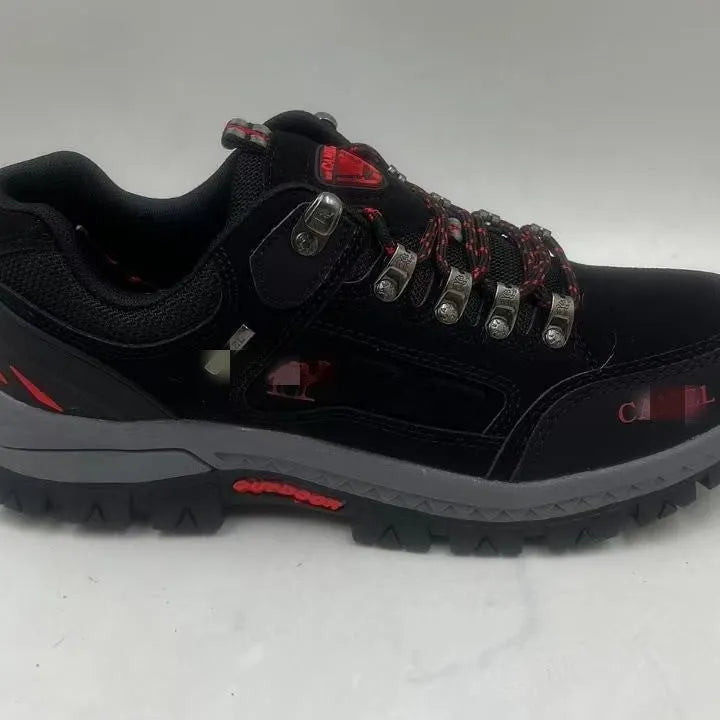 Men's hiking shoes non-slip rubber sole synthetic leather upper low top Black and Red colour autumn outdoor