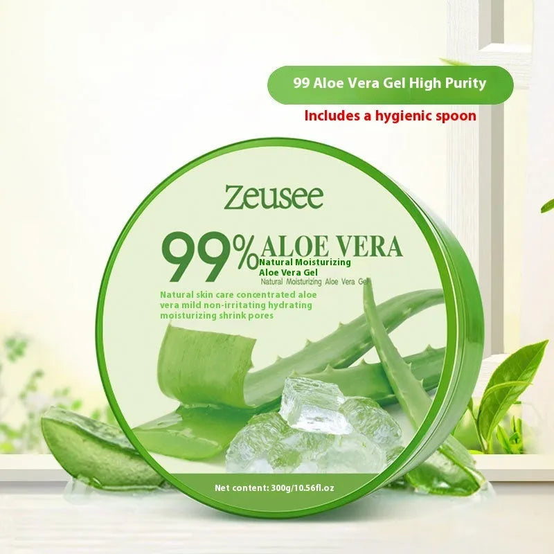 300g jar of aloe vera gel for acne control and hydration with a spoon on a white background.
