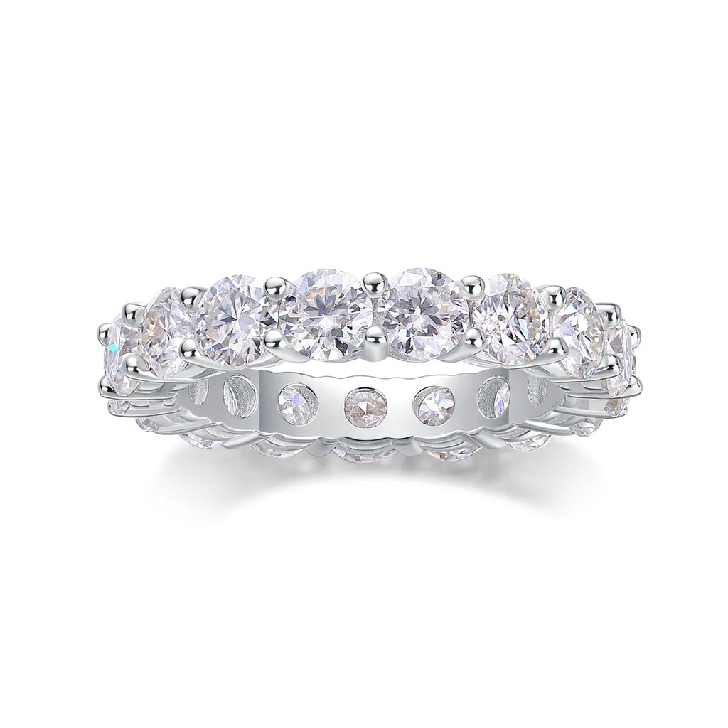 Starlight moissanite wedding ring set in S925 silver platinum plated on display in gift box, available in yellow gold and rose gold