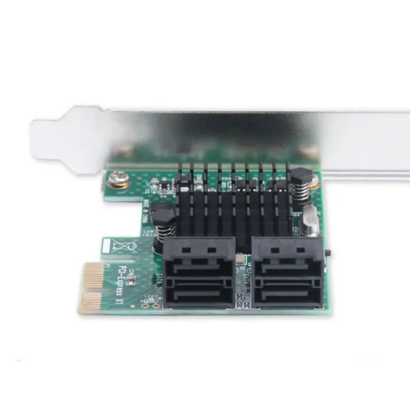 Green PCIe to SATA3.0 extension card with four SATA ports, PCIe x1 interface, 2U baffle, 120mm x 65mm x 56mm.
