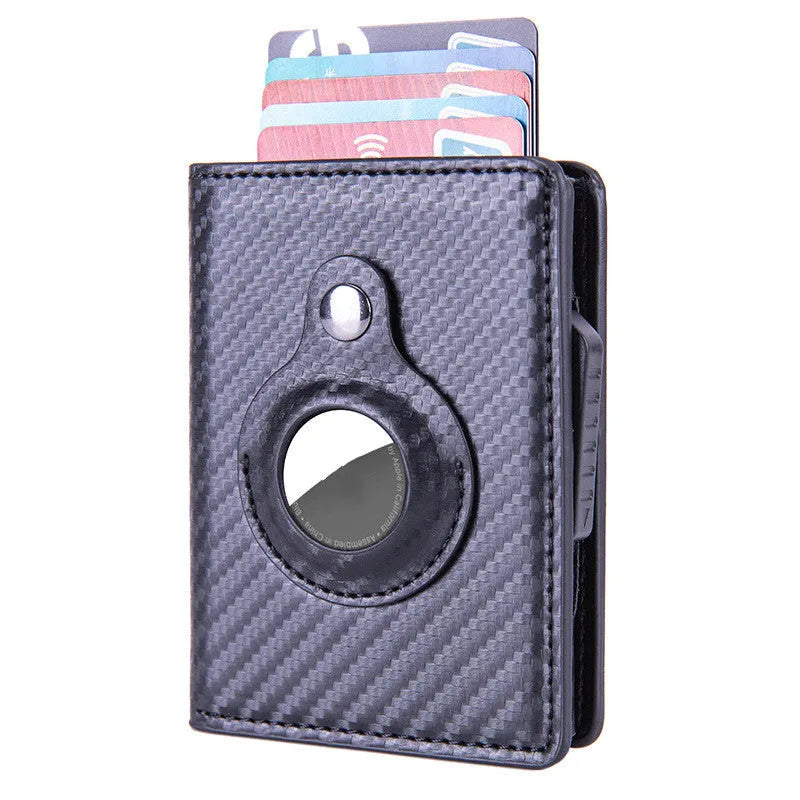 Automatic PU leather card wallet in Crazy Horse finish with anti-lost feature, card slots, and slim profile