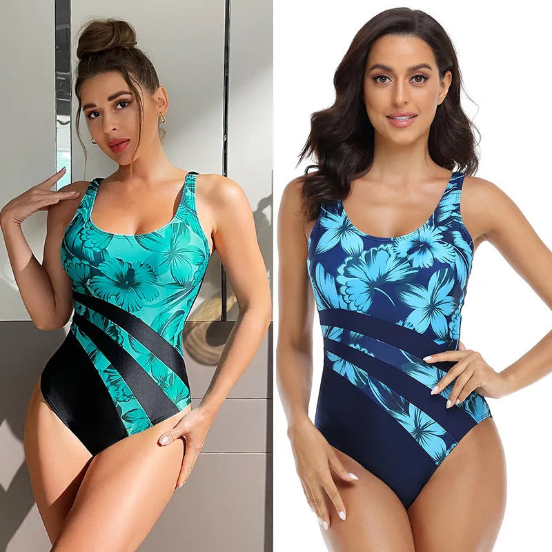 Women's conservative one-piece swimsuit with printed pattern in blue or green colour options