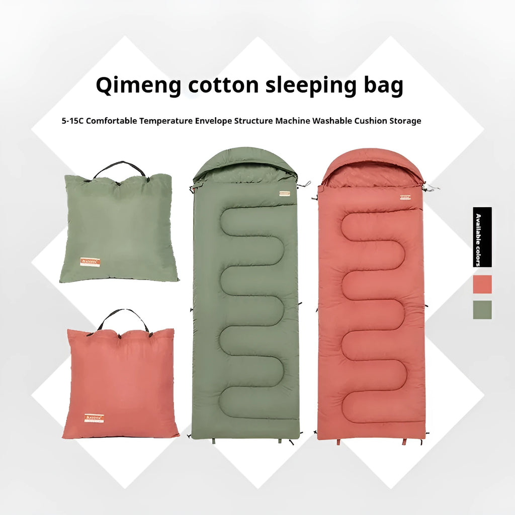 Outdoor cotton sleeping bag quilt rolled up, shown in ochre and olive green colour options.