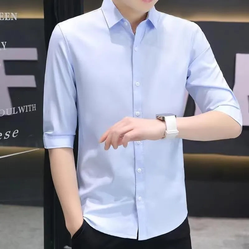 Men's slim-fit half-sleeve shirt in linen and silk fabric, shown in a summer colour.