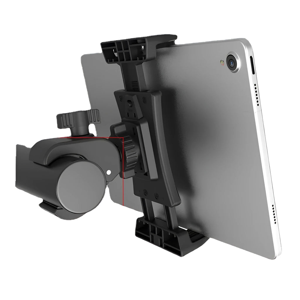 Black universal bicycle handlebar mount bracket for mobile phones and tablets on a bike.